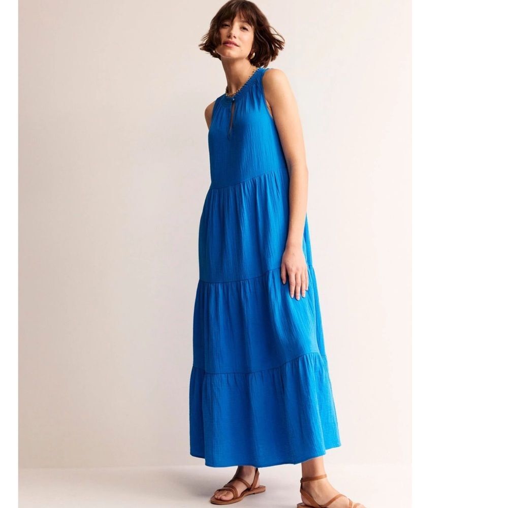 Boden Cotton Double Gauze Maxi Dress Blue Sleeveless Tiered Dress Size 20R